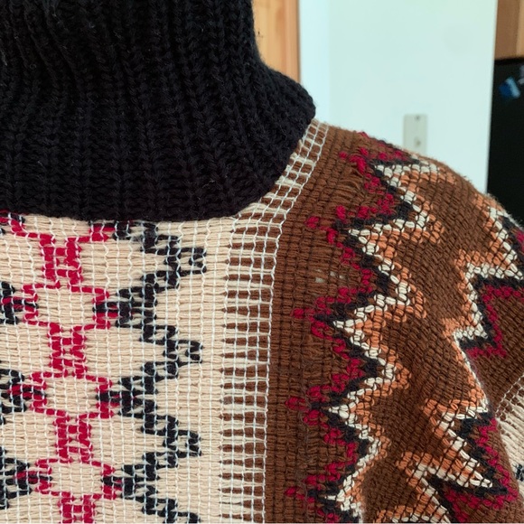 VTG woven poncho with zigzag pattern, fringe and shawl collar. Brown & tan. OS - Picture 7 of 7
